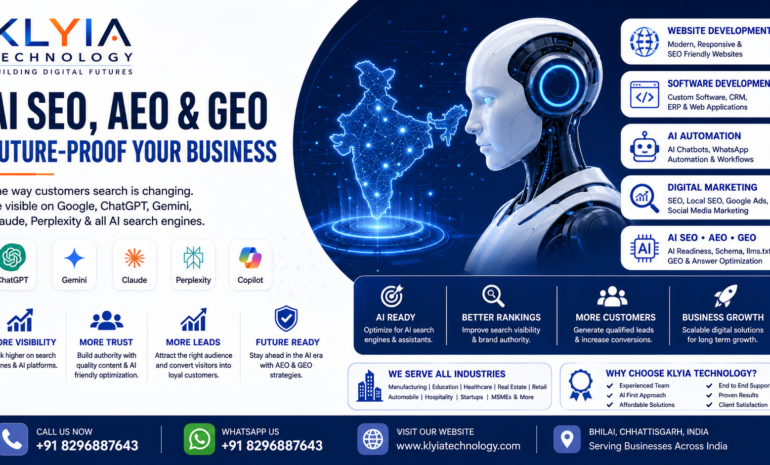 Grow your business with AI SEO, AEO, GEO, website development, AI automation, and digital marketing services in Bhilai, Chhattisgarh, and across India.